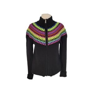 LRL Rainbow Crochet Striped Fair Isle Black Mock Neck Cardigan Sweater